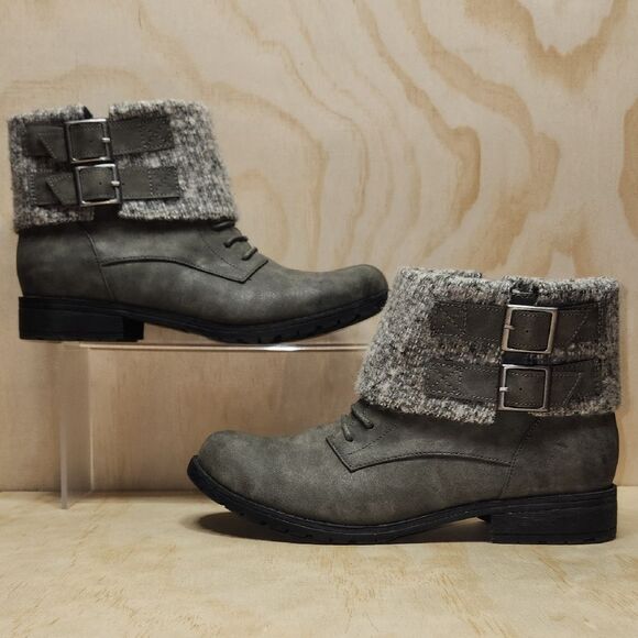 Rocket Dog Gray Fold-Over Combat Boots Moto Ankle Women 8.5 Shoe Buckle Babster - Picture 10 of 14